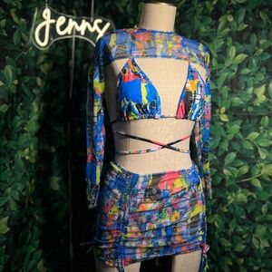 Vibrant Abstract Print Three-Piece Festival Set – Rave Set - Mesh Skirt & Long S